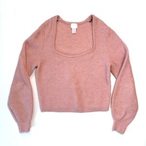 H&M Ribbed Knit Sweater Women Pink Square Neck Balloon Sleeve Large